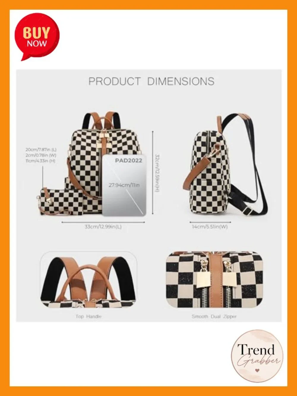 Checkered Fashion Backpack with Detachable Wallet, Canvas & Faux Leather,